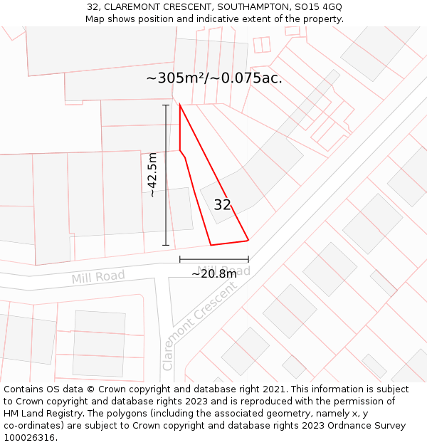 32, CLAREMONT CRESCENT, SOUTHAMPTON, SO15 4GQ: Plot and title map