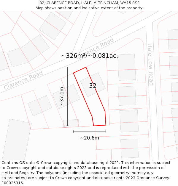 32, CLARENCE ROAD, HALE, ALTRINCHAM, WA15 8SF: Plot and title map