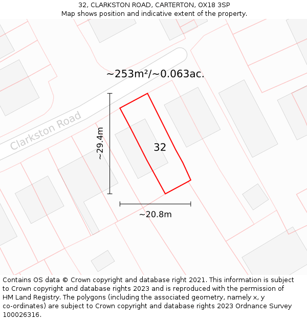 32, CLARKSTON ROAD, CARTERTON, OX18 3SP: Plot and title map