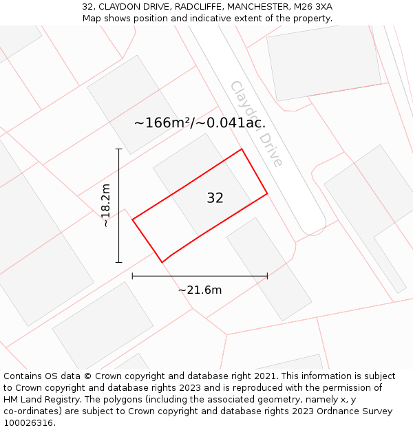 32, CLAYDON DRIVE, RADCLIFFE, MANCHESTER, M26 3XA: Plot and title map