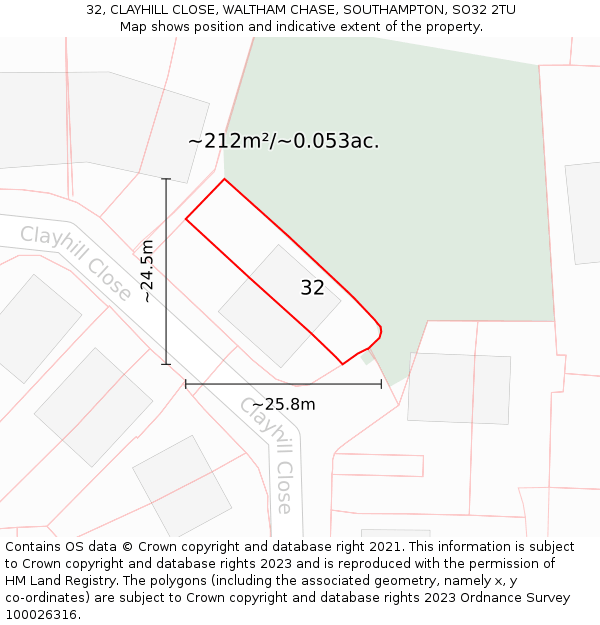 32, CLAYHILL CLOSE, WALTHAM CHASE, SOUTHAMPTON, SO32 2TU: Plot and title map