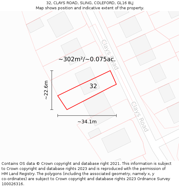 32, CLAYS ROAD, SLING, COLEFORD, GL16 8LJ: Plot and title map