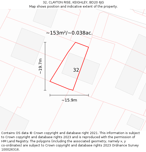 32, CLAYTON RISE, KEIGHLEY, BD20 6JG: Plot and title map