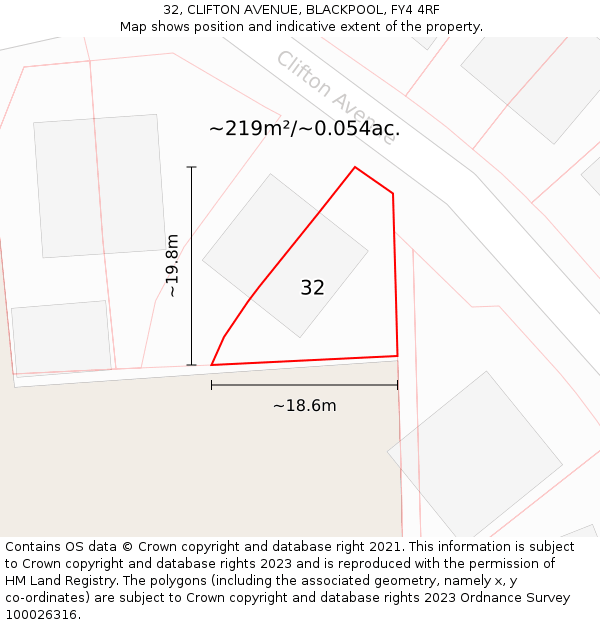 32, CLIFTON AVENUE, BLACKPOOL, FY4 4RF: Plot and title map