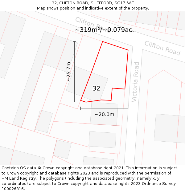 32, CLIFTON ROAD, SHEFFORD, SG17 5AE: Plot and title map