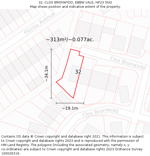 32, CLOS BRONWYDD, EBBW VALE, NP23 5NG: Plot and title map