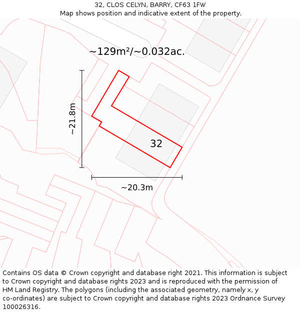 32, CLOS CELYN, BARRY, CF63 1FW: Plot and title map