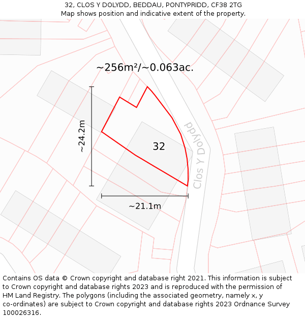 32, CLOS Y DOLYDD, BEDDAU, PONTYPRIDD, CF38 2TG: Plot and title map