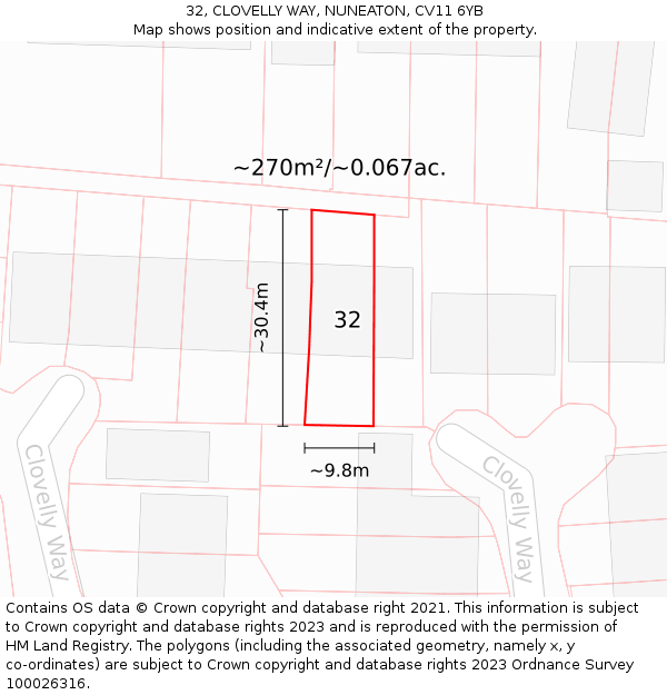 32, CLOVELLY WAY, NUNEATON, CV11 6YB: Plot and title map