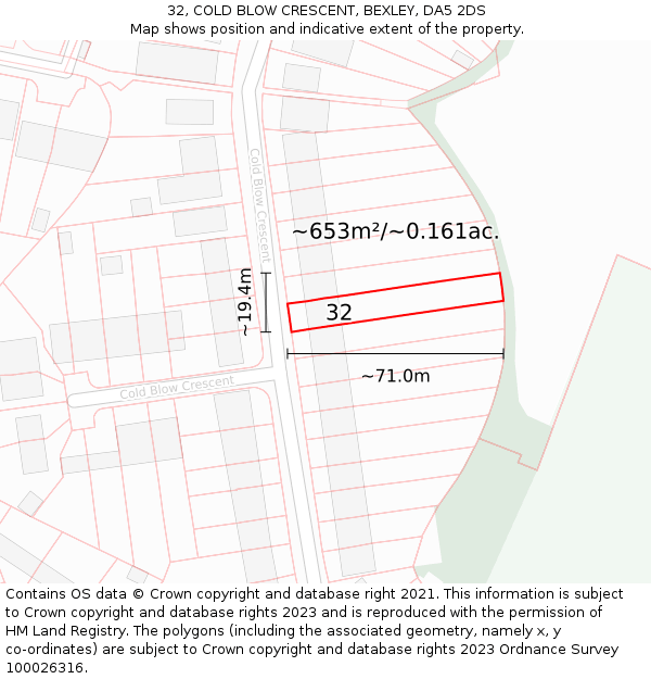 32, COLD BLOW CRESCENT, BEXLEY, DA5 2DS: Plot and title map