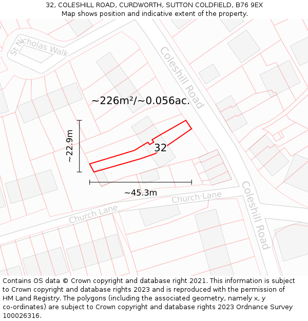 32, COLESHILL ROAD, CURDWORTH, SUTTON COLDFIELD, B76 9EX: Plot and title map