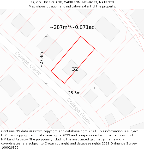 32, COLLEGE GLADE, CAERLEON, NEWPORT, NP18 3TB: Plot and title map