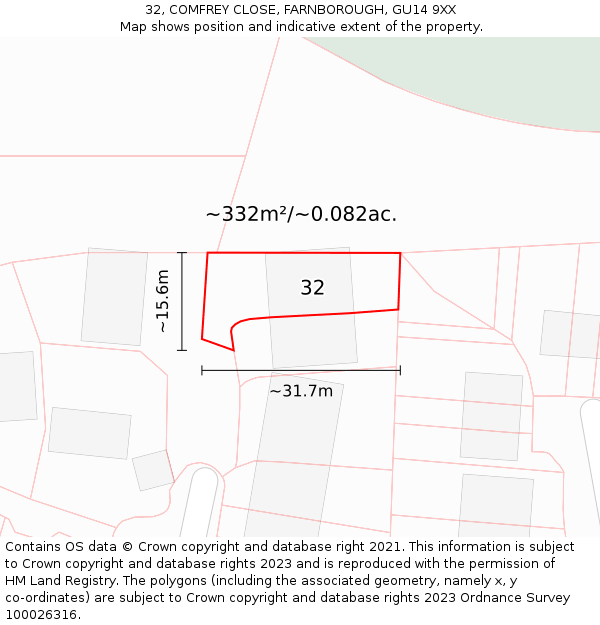 32, COMFREY CLOSE, FARNBOROUGH, GU14 9XX: Plot and title map