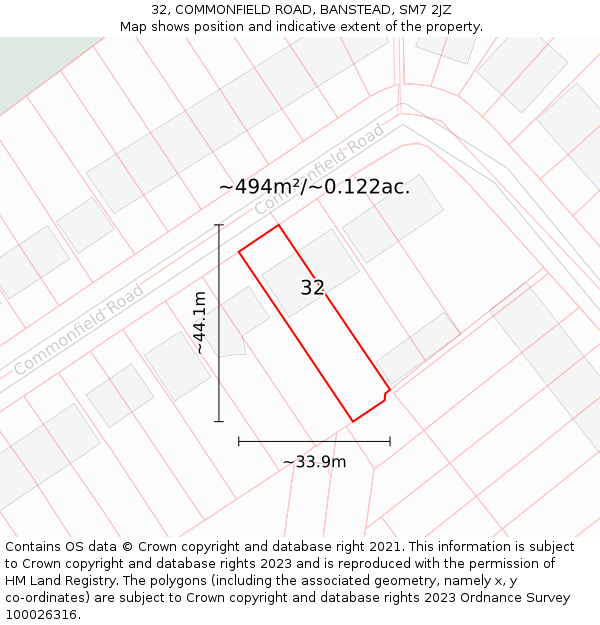 32, COMMONFIELD ROAD, BANSTEAD, SM7 2JZ: Plot and title map