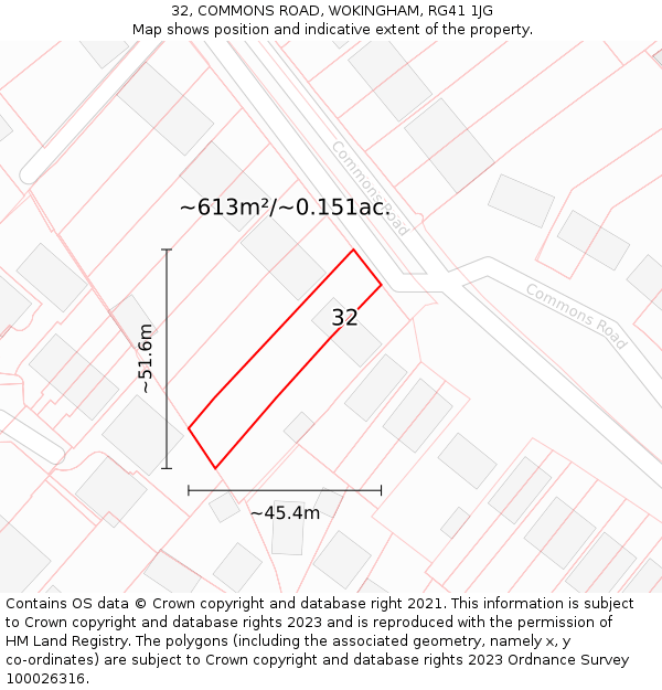 32, COMMONS ROAD, WOKINGHAM, RG41 1JG: Plot and title map