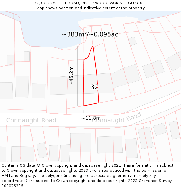 32, CONNAUGHT ROAD, BROOKWOOD, WOKING, GU24 0HE: Plot and title map