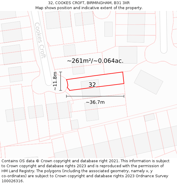 32, COOKES CROFT, BIRMINGHAM, B31 3XR: Plot and title map