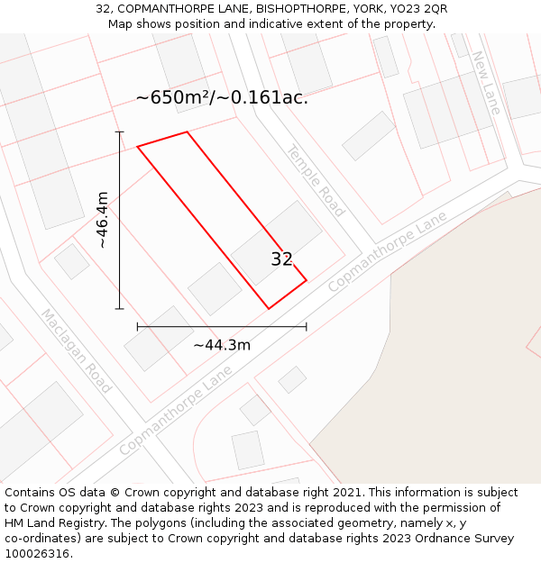 32, COPMANTHORPE LANE, BISHOPTHORPE, YORK, YO23 2QR: Plot and title map