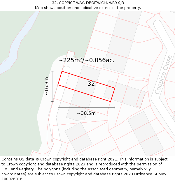 32, COPPICE WAY, DROITWICH, WR9 9JB: Plot and title map