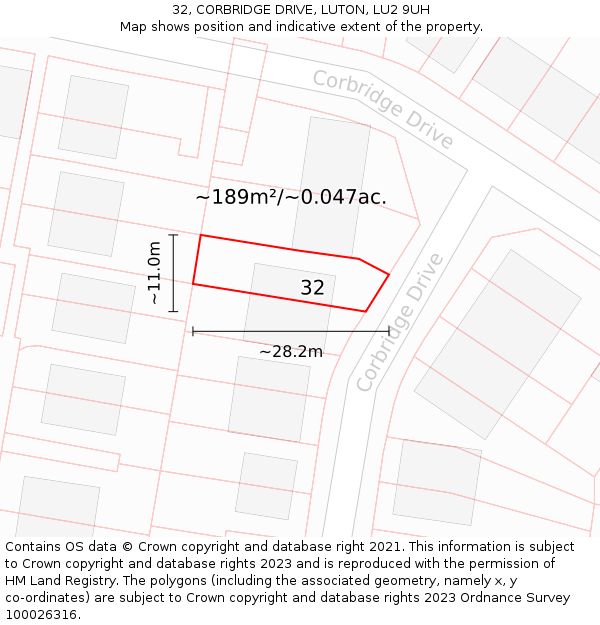 32, CORBRIDGE DRIVE, LUTON, LU2 9UH: Plot and title map