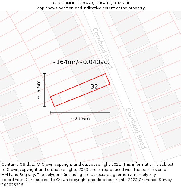 32, CORNFIELD ROAD, REIGATE, RH2 7HE: Plot and title map