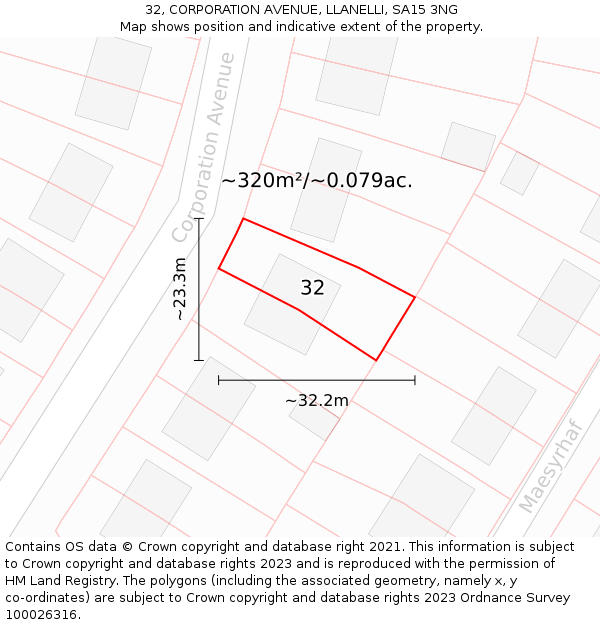 32, CORPORATION AVENUE, LLANELLI, SA15 3NG: Plot and title map