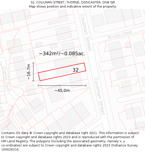 32, COULMAN STREET, THORNE, DONCASTER, DN8 5JR: Plot and title map