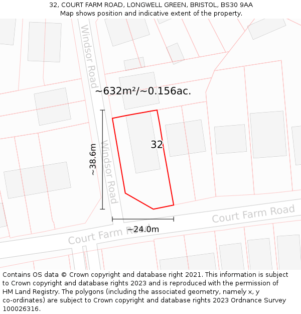 32, COURT FARM ROAD, LONGWELL GREEN, BRISTOL, BS30 9AA: Plot and title map