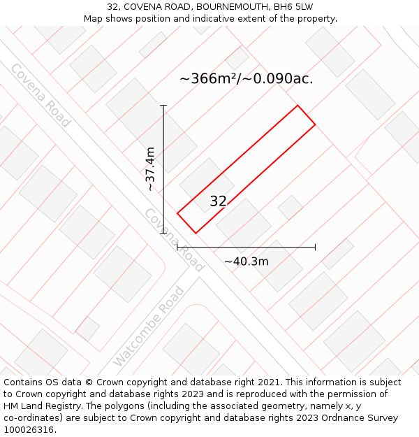 32, COVENA ROAD, BOURNEMOUTH, BH6 5LW: Plot and title map