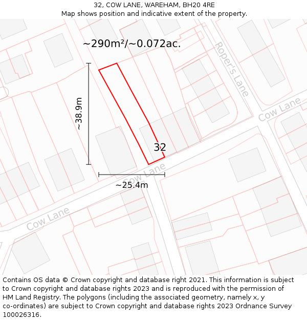 32, COW LANE, WAREHAM, BH20 4RE: Plot and title map