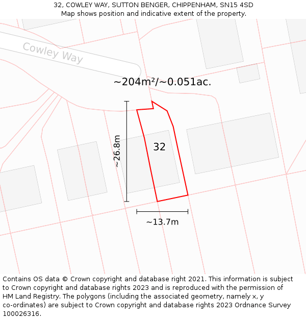 32, COWLEY WAY, SUTTON BENGER, CHIPPENHAM, SN15 4SD: Plot and title map