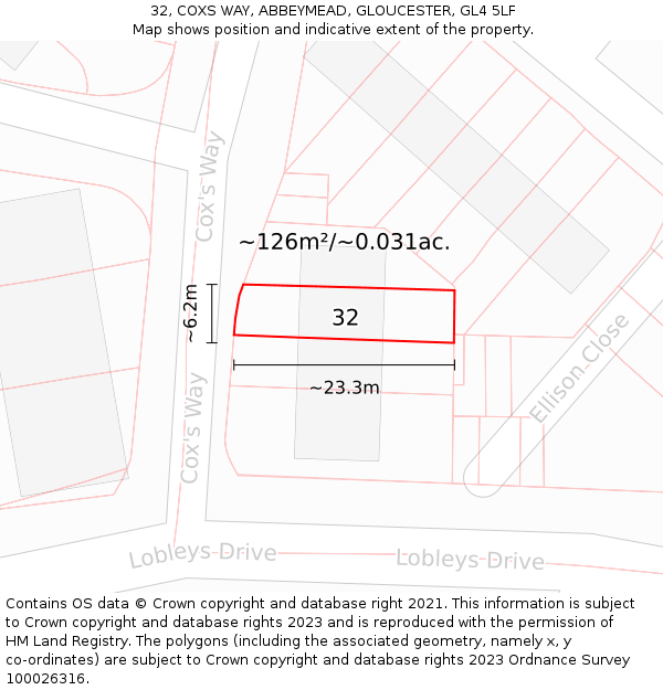 32, COXS WAY, ABBEYMEAD, GLOUCESTER, GL4 5LF: Plot and title map