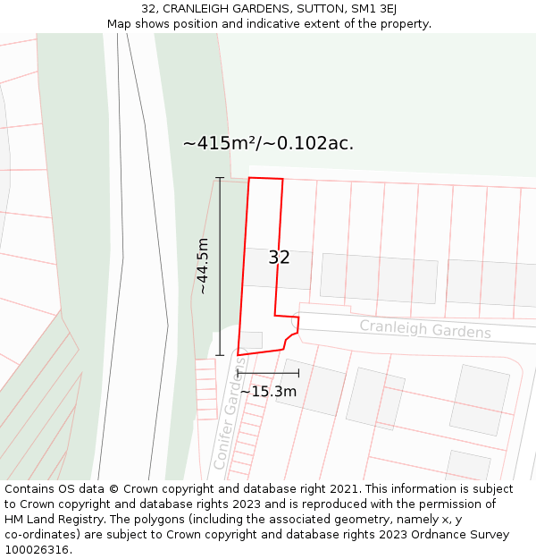 32, CRANLEIGH GARDENS, SUTTON, SM1 3EJ: Plot and title map