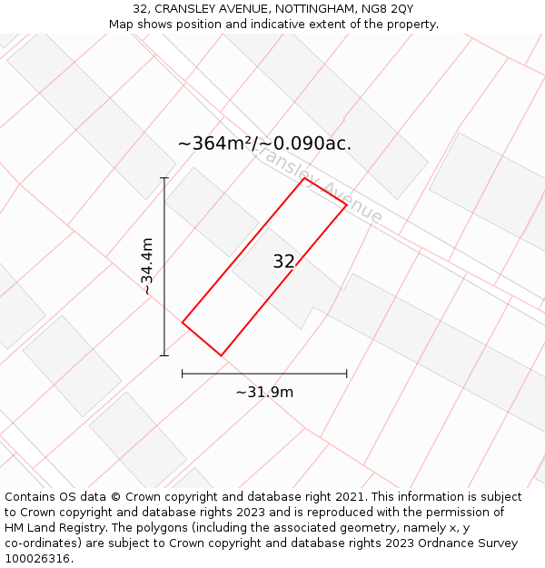 32, CRANSLEY AVENUE, NOTTINGHAM, NG8 2QY: Plot and title map