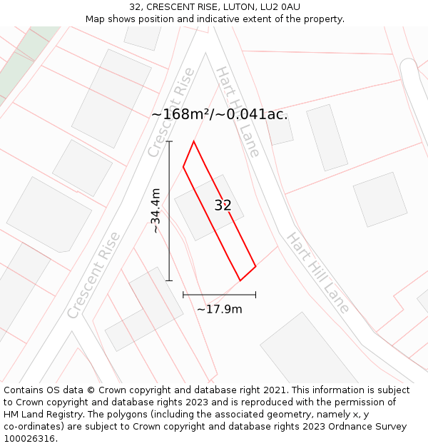 32, CRESCENT RISE, LUTON, LU2 0AU: Plot and title map