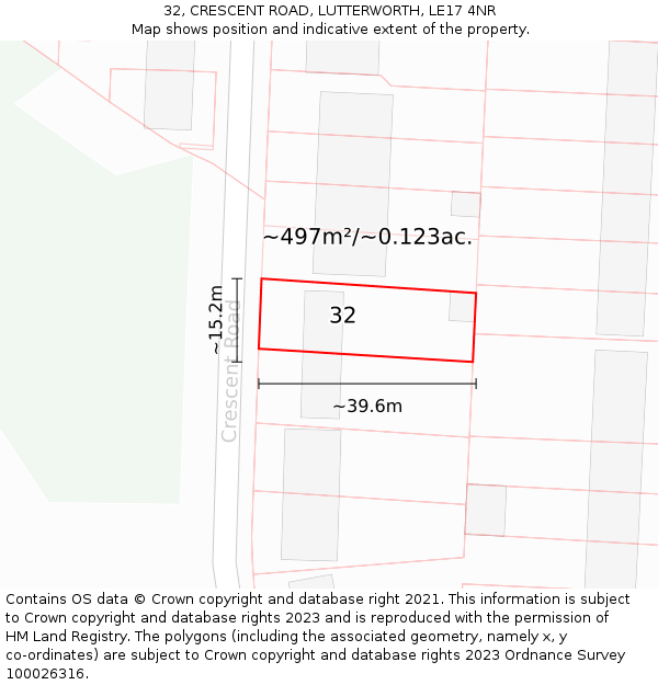 32, CRESCENT ROAD, LUTTERWORTH, LE17 4NR: Plot and title map