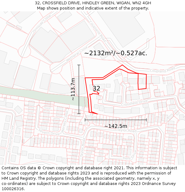 32, CROSSFIELD DRIVE, HINDLEY GREEN, WIGAN, WN2 4GH: Plot and title map