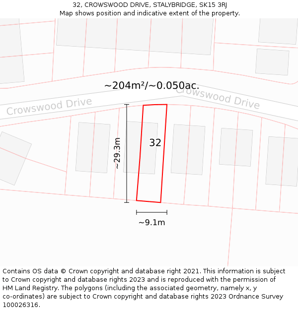 32, CROWSWOOD DRIVE, STALYBRIDGE, SK15 3RJ: Plot and title map