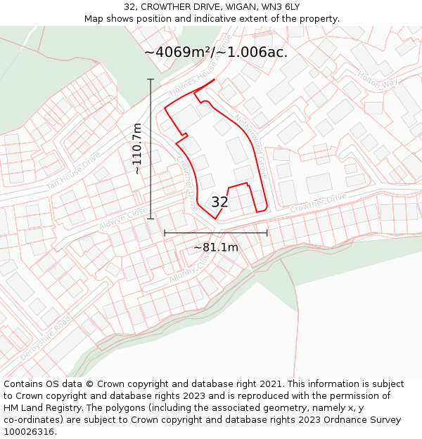 32, CROWTHER DRIVE, WIGAN, WN3 6LY: Plot and title map