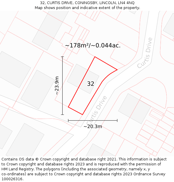 32, CURTIS DRIVE, CONINGSBY, LINCOLN, LN4 4NQ: Plot and title map