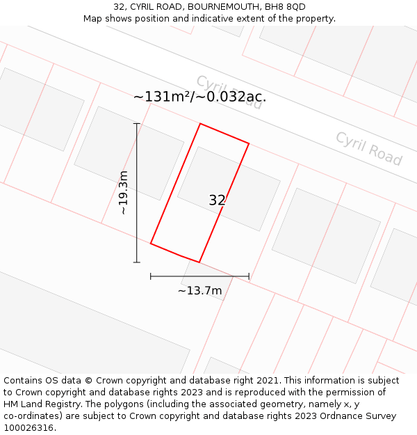 32, CYRIL ROAD, BOURNEMOUTH, BH8 8QD: Plot and title map