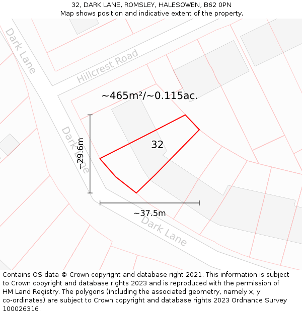 32, DARK LANE, ROMSLEY, HALESOWEN, B62 0PN: Plot and title map