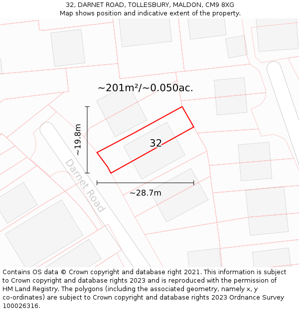 32, DARNET ROAD, TOLLESBURY, MALDON, CM9 8XG: Plot and title map