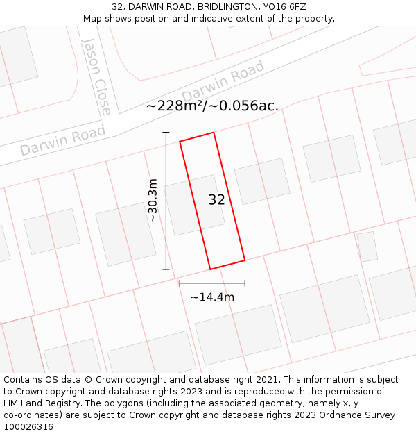 32, DARWIN ROAD, BRIDLINGTON, YO16 6FZ: Plot and title map