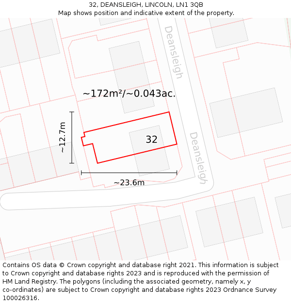 32, DEANSLEIGH, LINCOLN, LN1 3QB: Plot and title map