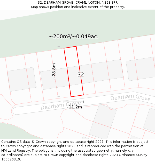 32, DEARHAM GROVE, CRAMLINGTON, NE23 3FR: Plot and title map