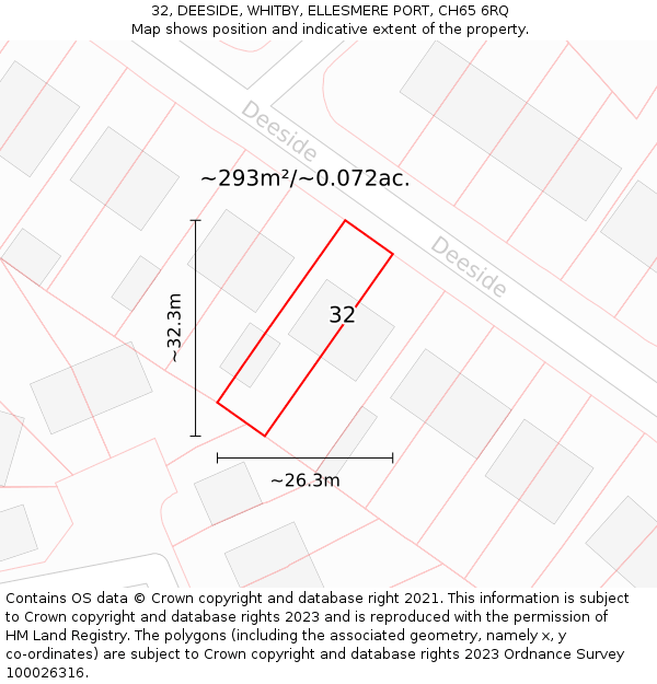 32, DEESIDE, WHITBY, ELLESMERE PORT, CH65 6RQ: Plot and title map