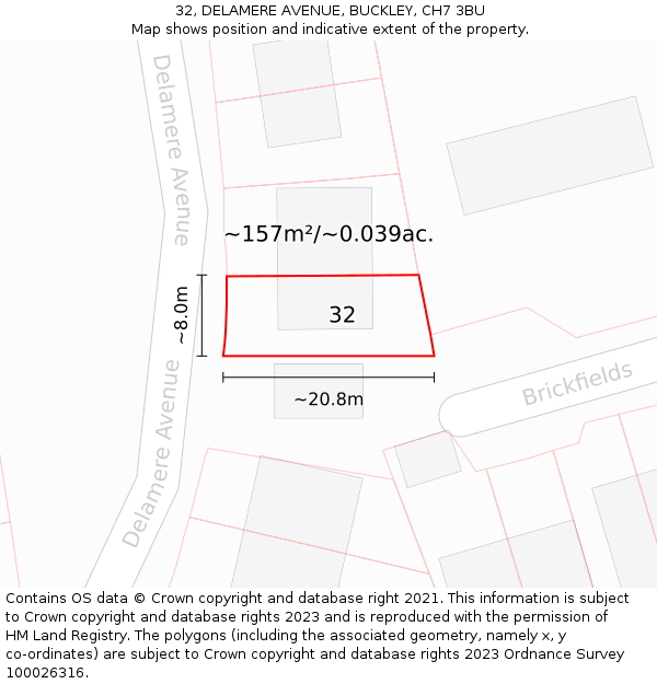 32, DELAMERE AVENUE, BUCKLEY, CH7 3BU: Plot and title map