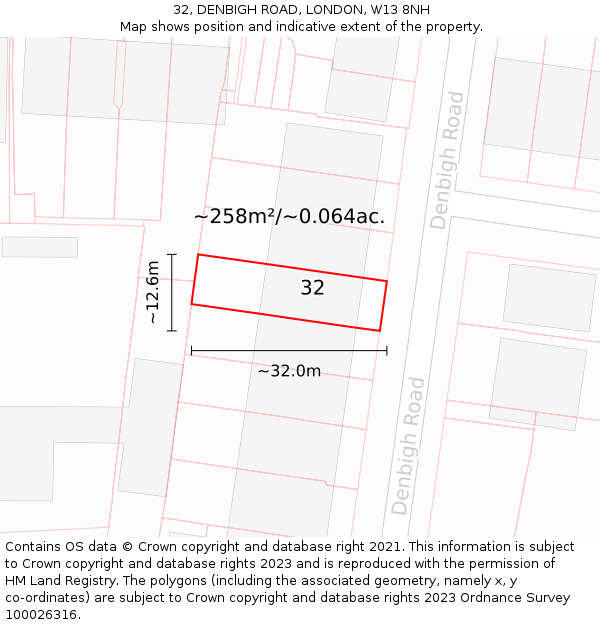 32, DENBIGH ROAD, LONDON, W13 8NH: Plot and title map