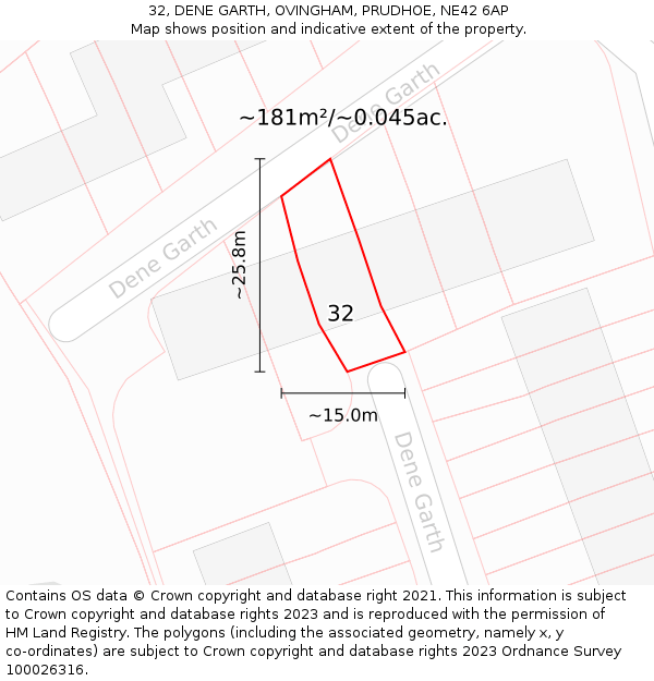 32, DENE GARTH, OVINGHAM, PRUDHOE, NE42 6AP: Plot and title map